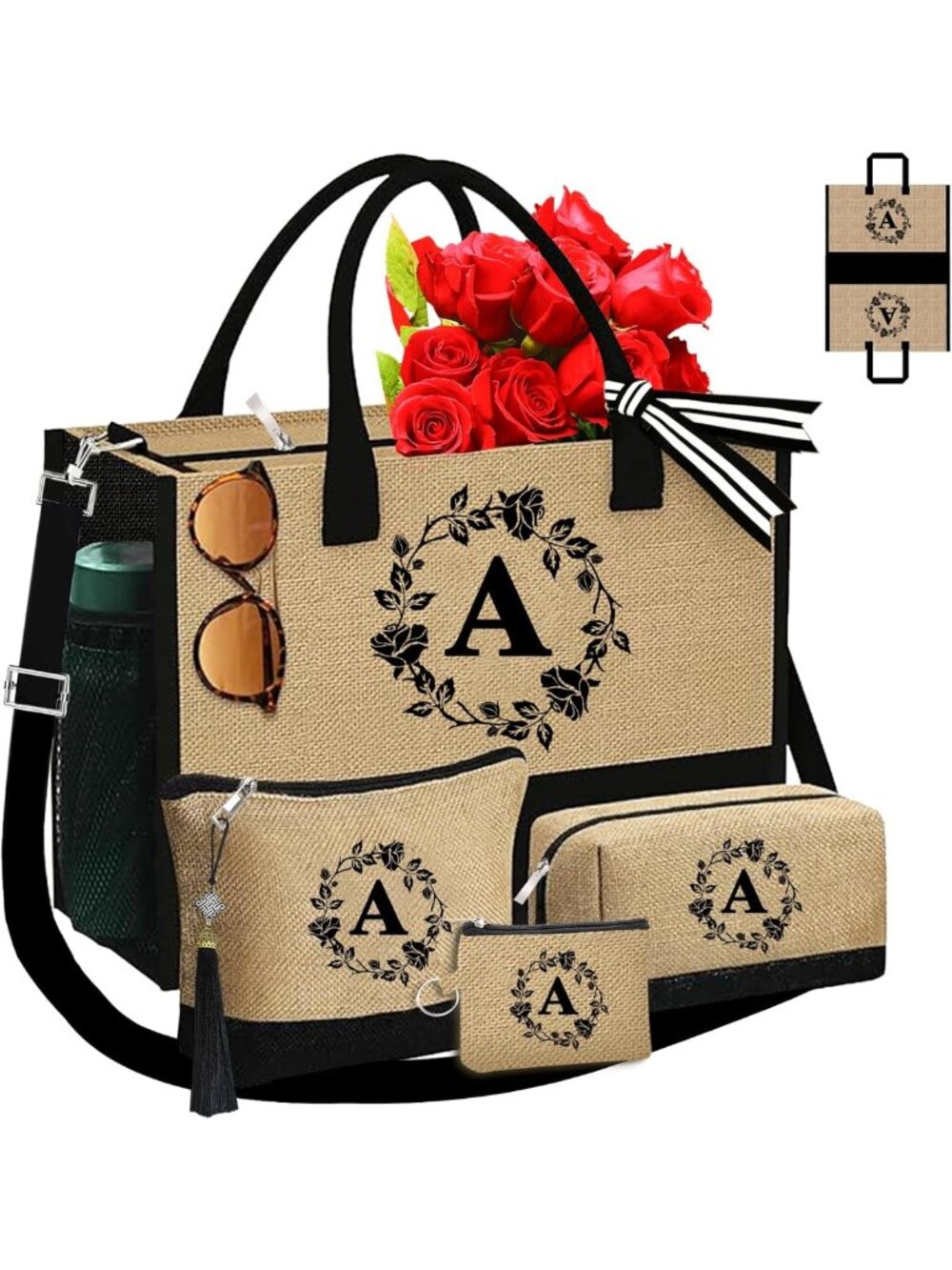 Personalized Monogram Tote Bags for Women | 4Pc Jute Bag Set with Embroidery
